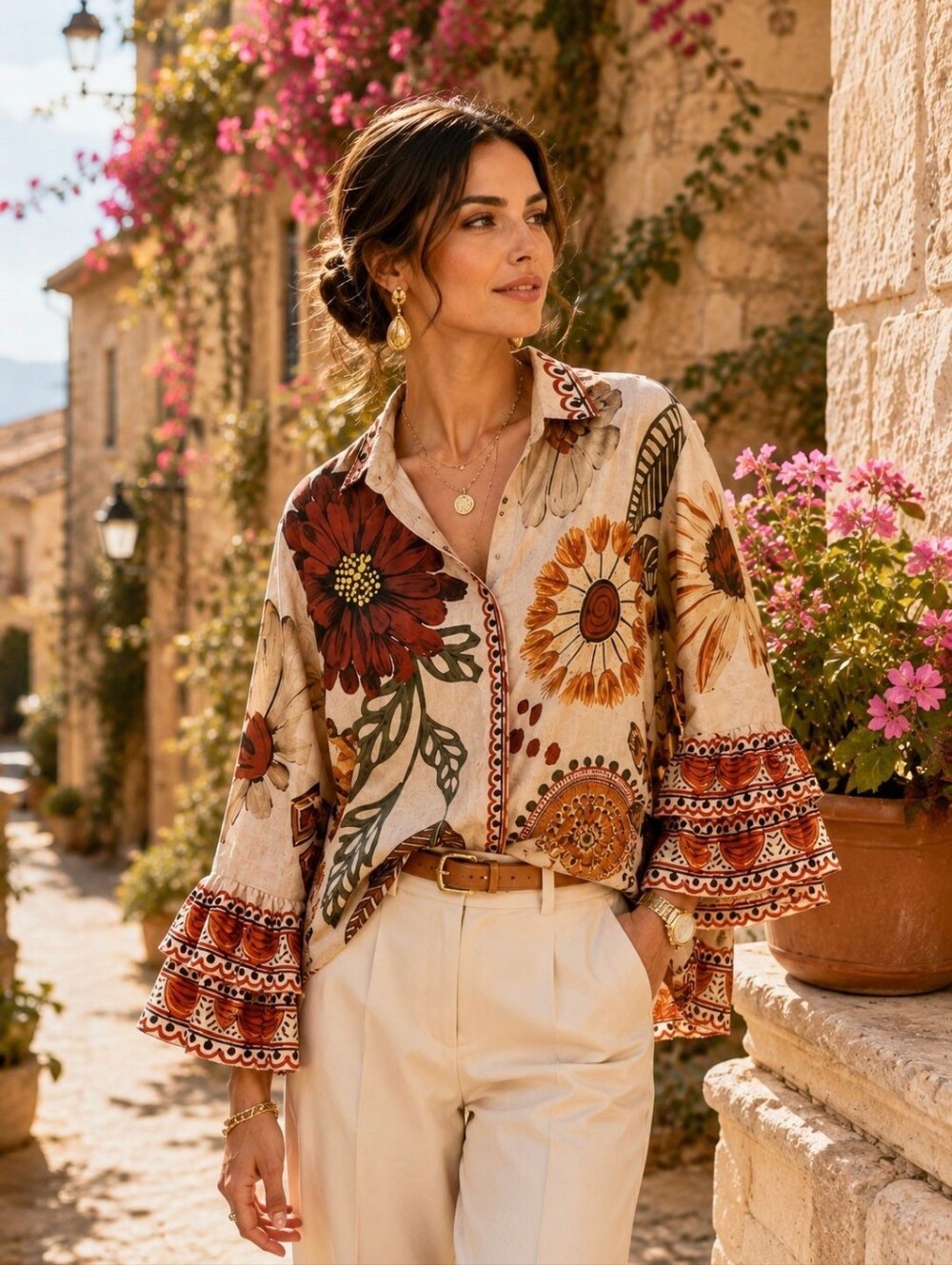 OZ76 Made In Italy Boho Floral Button-Up Ruffle Skeeves Top in Cream and Rust